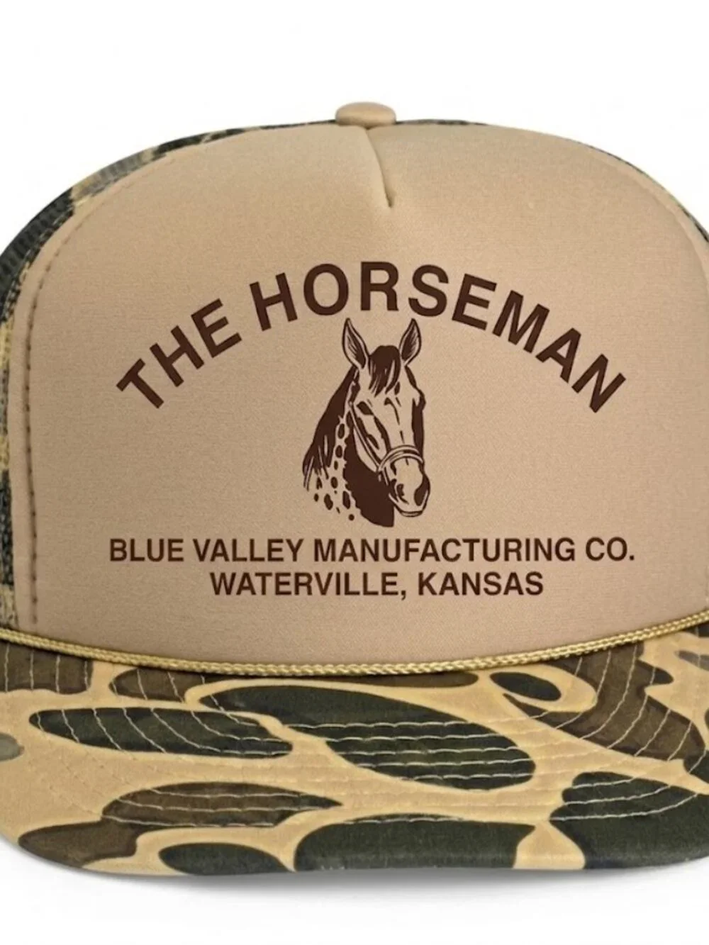 Retro The Horseman Kansas Mfg Duck Camo Foam Trucker Hat Tan Rope Cap Americana